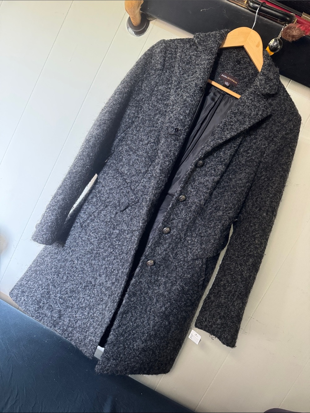 Men's Charcoal Textured Wool-Blend Overcoat - Dark Gray